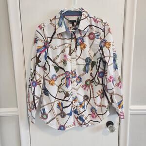 Talbots Equestrian Shirt Medium Button Down Horse Show Ribbons Print Old Money